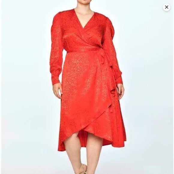 NEW Eloquii Red Leopard‎ Burnout Pattern Wrap Dress with Puff Shoulders, 26 - Picture 1 of 16